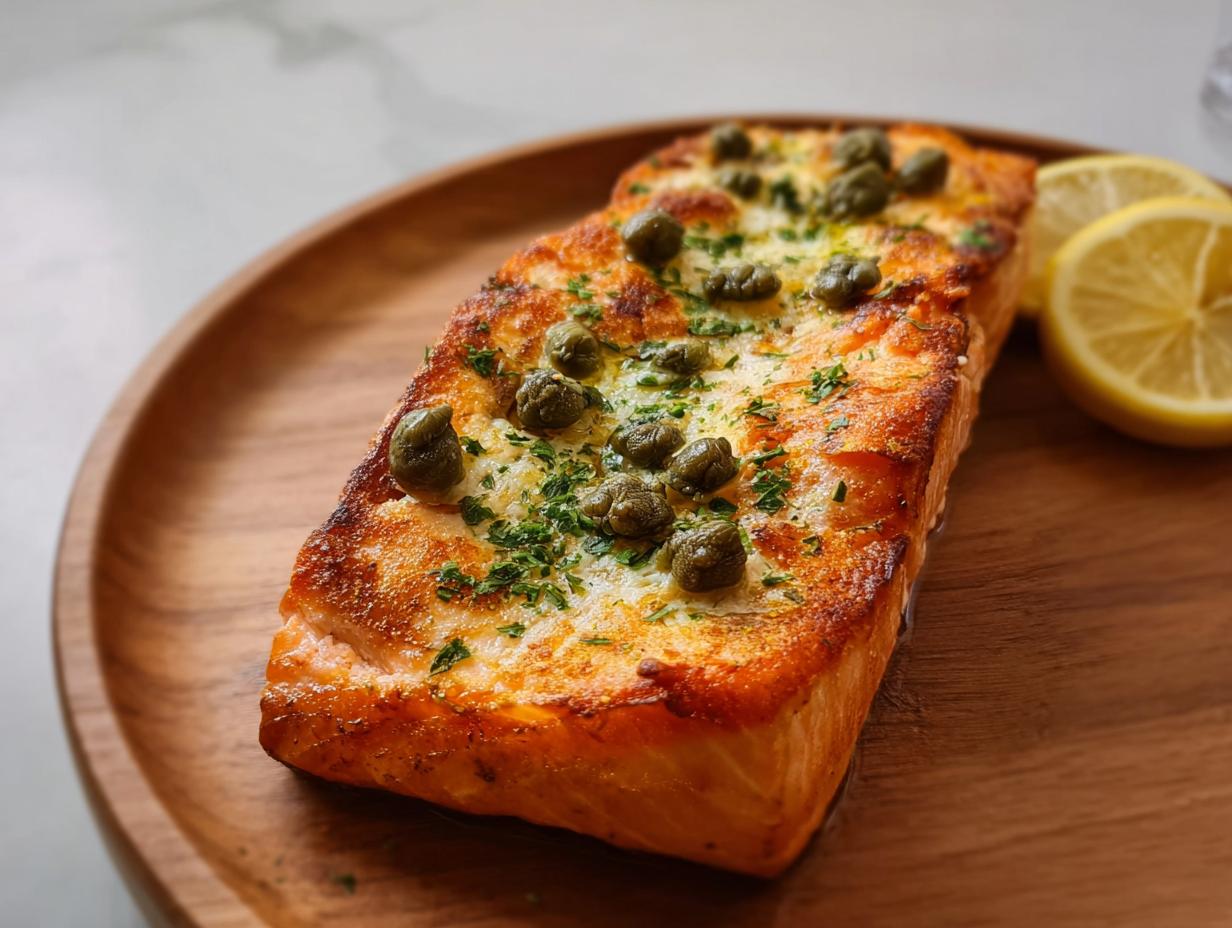 A perfectly cooked salmon fillet topped with capers and parsley, served with lemon slices, a perfect example of restaurant-style dinner recipes at home.