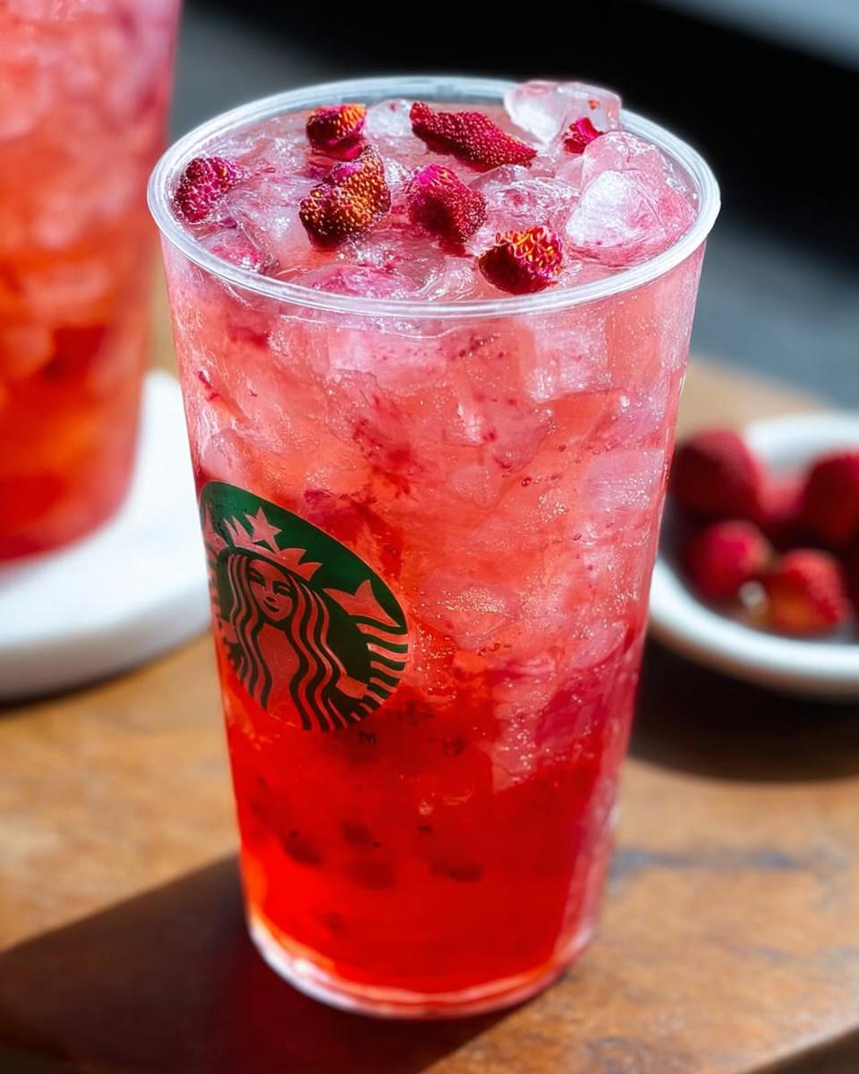 Close-up of a refreshing pink strawberry drink with ice and dried strawberries, featuring the Starbucks logo.