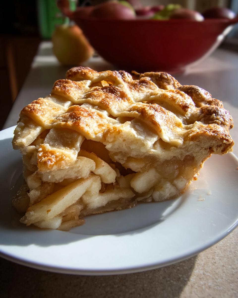 A generous slice of homemade apple pie with a lattice crust, showcasing tender apple filling, perfect for Restaurant-Style Thanksgiving Desserts at Home.