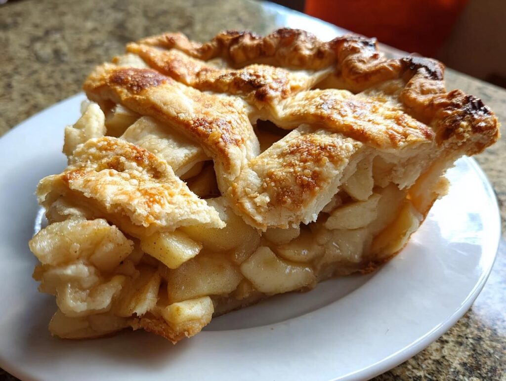 A close-up of a slice of restaurant-style apple pie, showcasing a flaky lattice crust and generous apple filling, perfect for Thanksgiving.