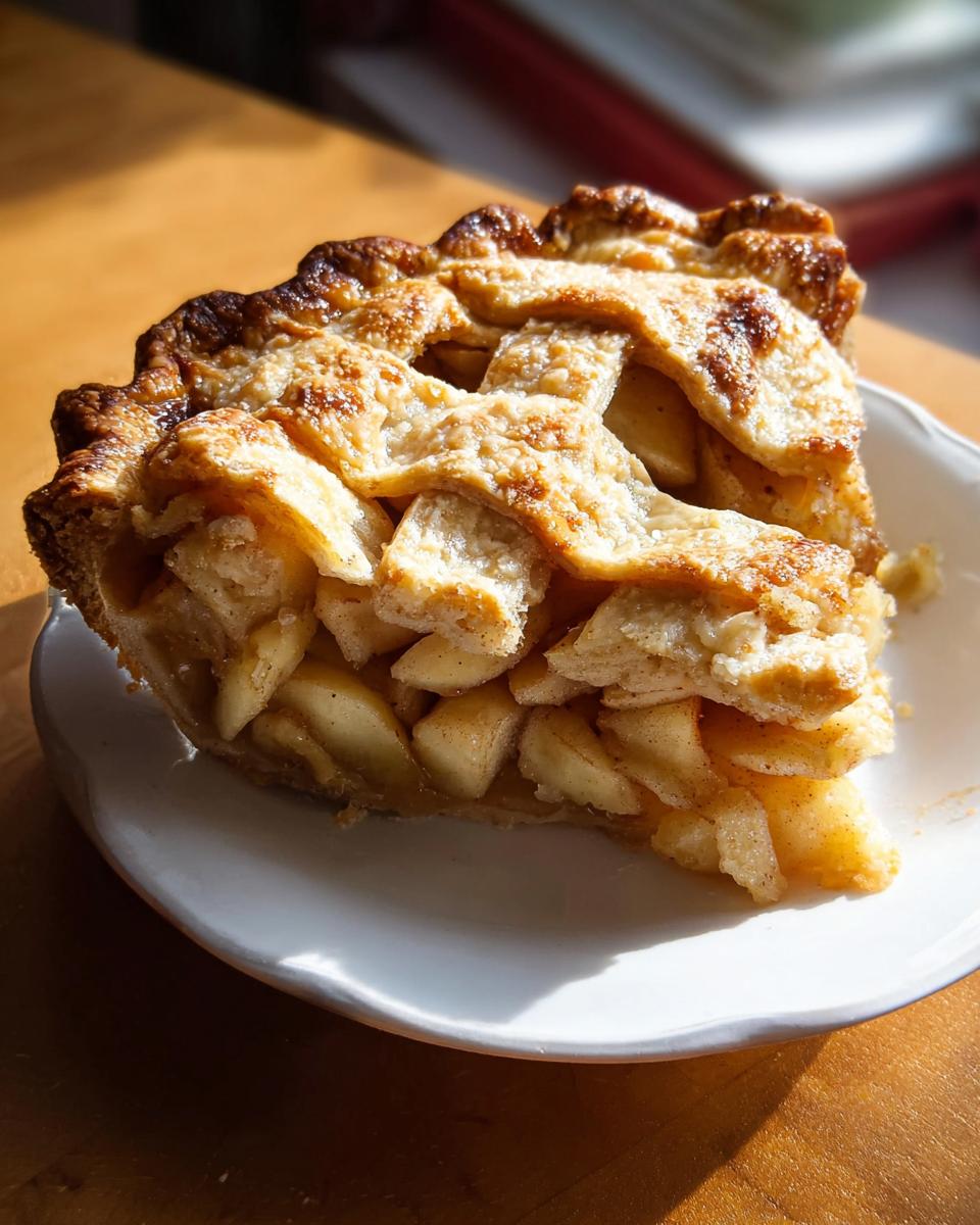 A slice of homemade apple pie with a lattice crust, perfect for Restaurant-Style Thanksgiving Desserts at Home.