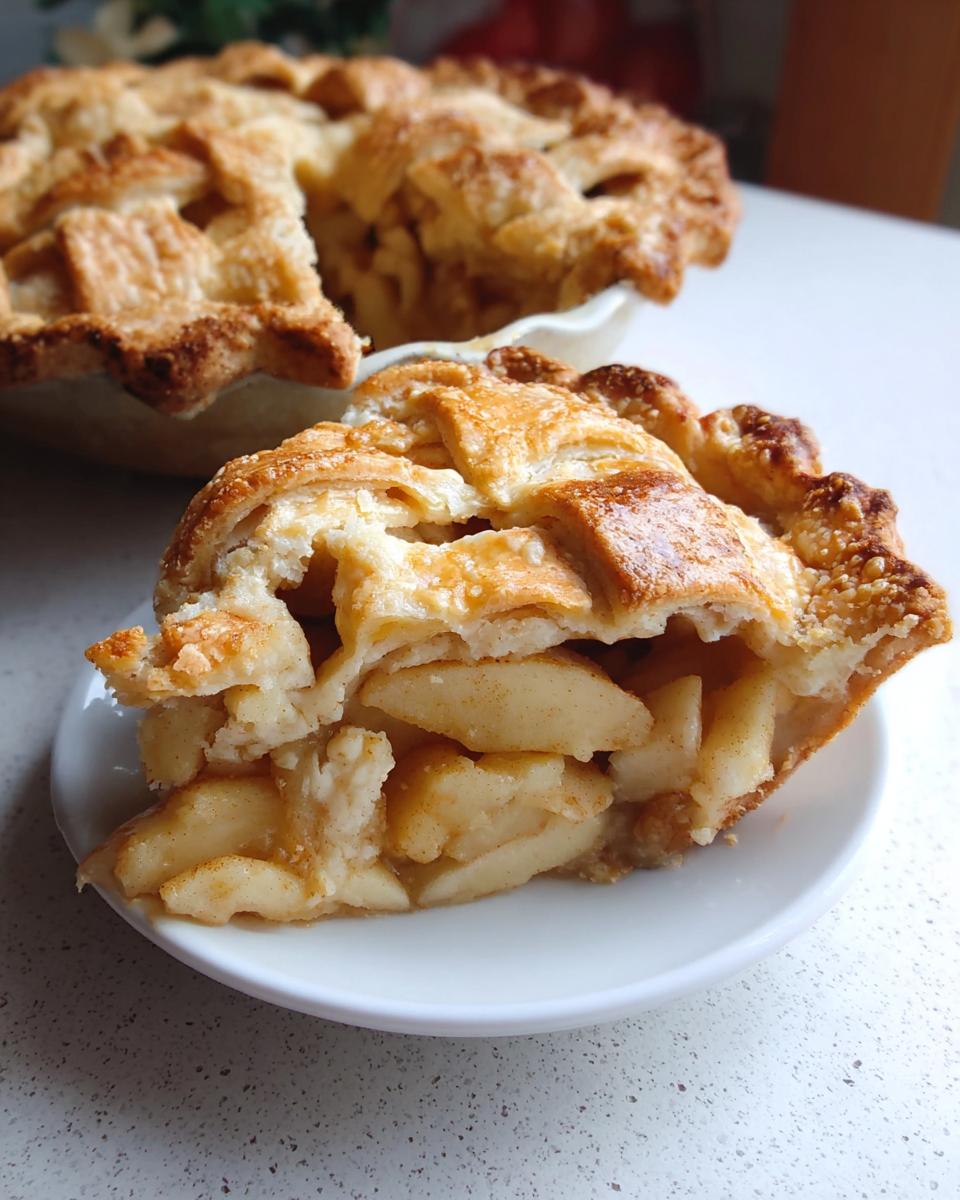 A close-up of a slice of restaurant-style apple pie, showcasing a flaky lattice crust and generous apple filling.