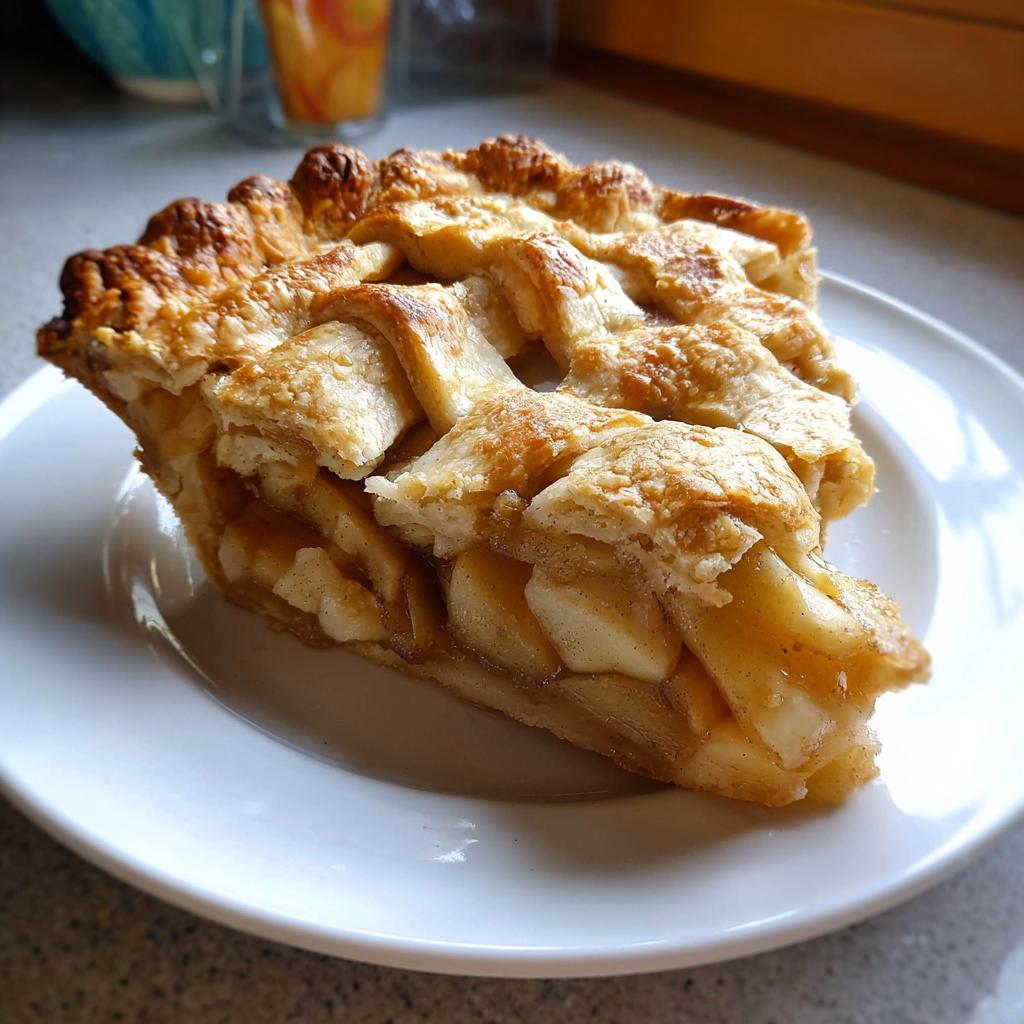 A slice of delicious restaurant-style apple pie with a lattice crust, served on a white plate.