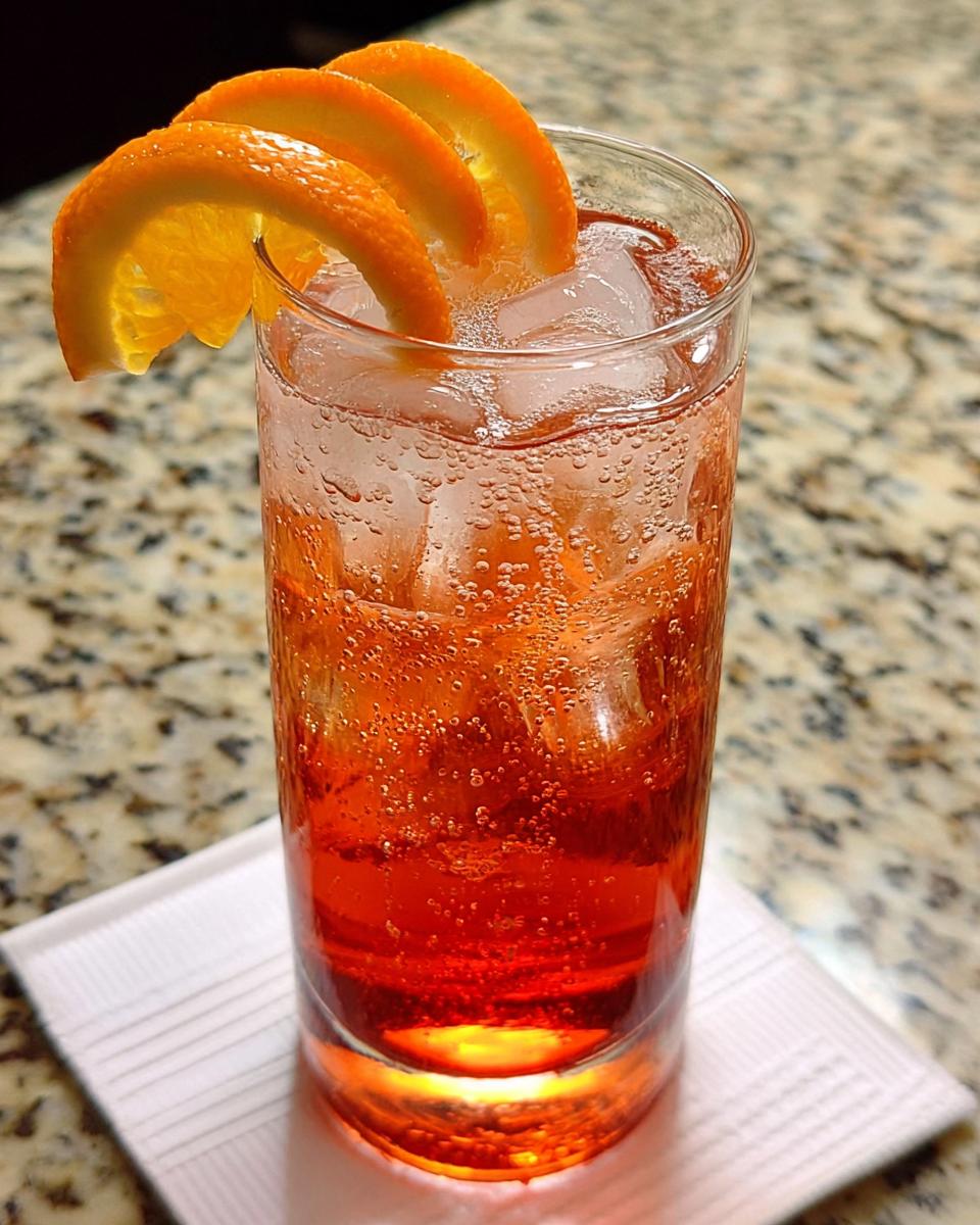A tall glass filled with a bubbly orange-red Thanksgiving drink, ice, and garnished with three orange slices.