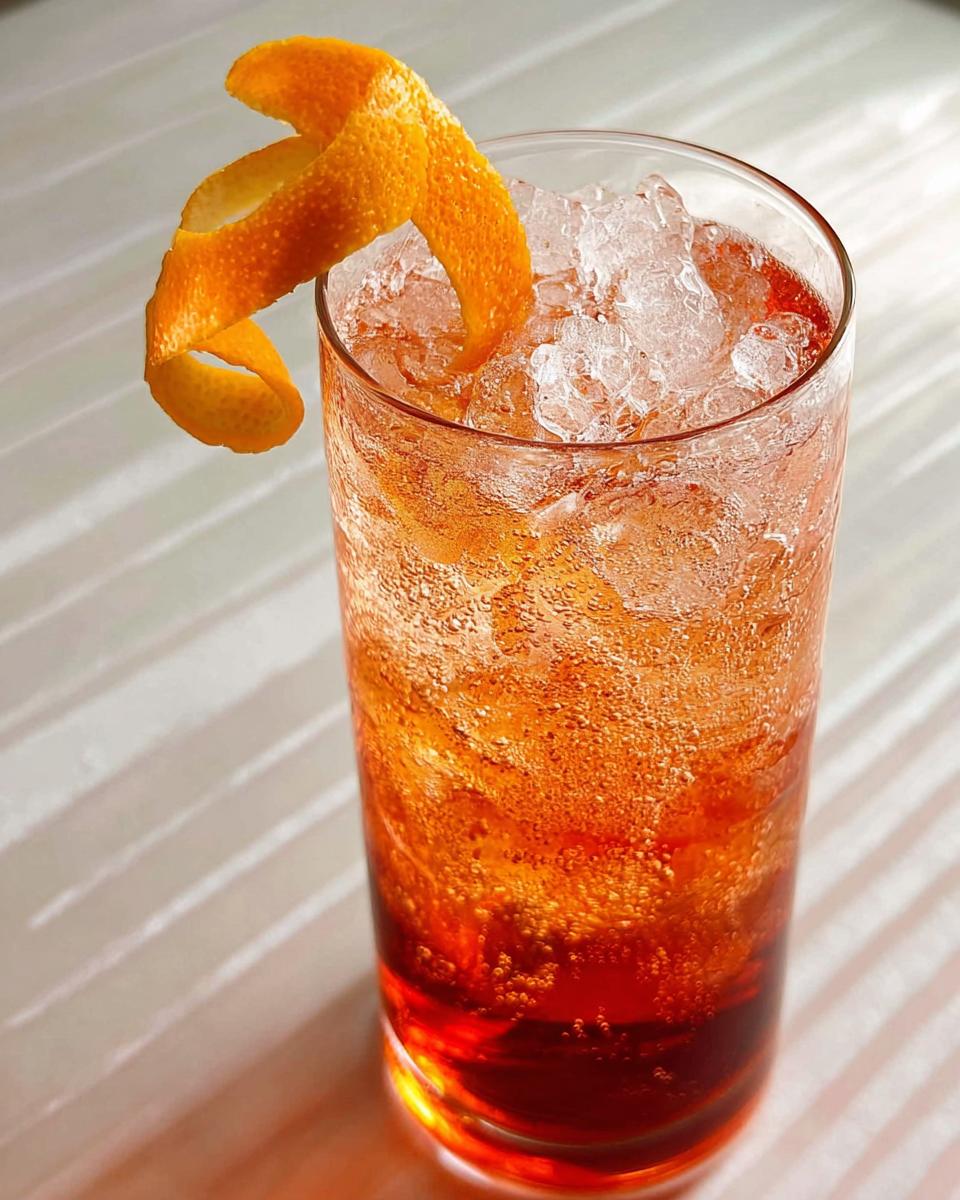 A tall glass filled with ice and a bubbly orange drink, garnished with a spiral of orange peel. Perfect for Restaurant-Style Thanksgiving Drinks at Home.