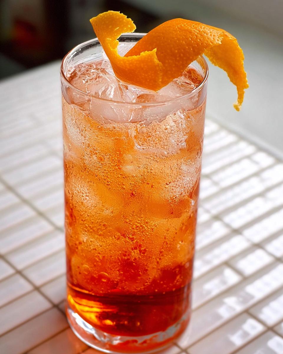 A refreshing orange aperitif cocktail with ice and an orange peel garnish, perfect for Restaurant-Style Thanksgiving Drinks at Home.