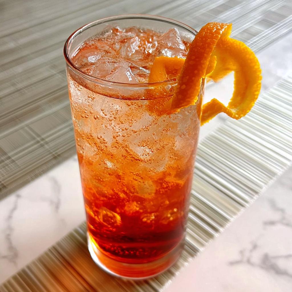 A tall glass filled with ice and an orange-hued drink, garnished with an orange peel. Perfect for restaurant-style Thanksgiving drinks at home.