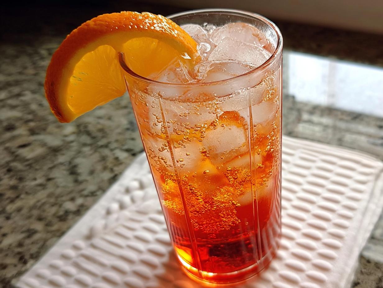 A tall glass filled with ice, orange liquid, and bubbles, garnished with an orange slice. Perfect for restaurant-style Thanksgiving drinks at home.