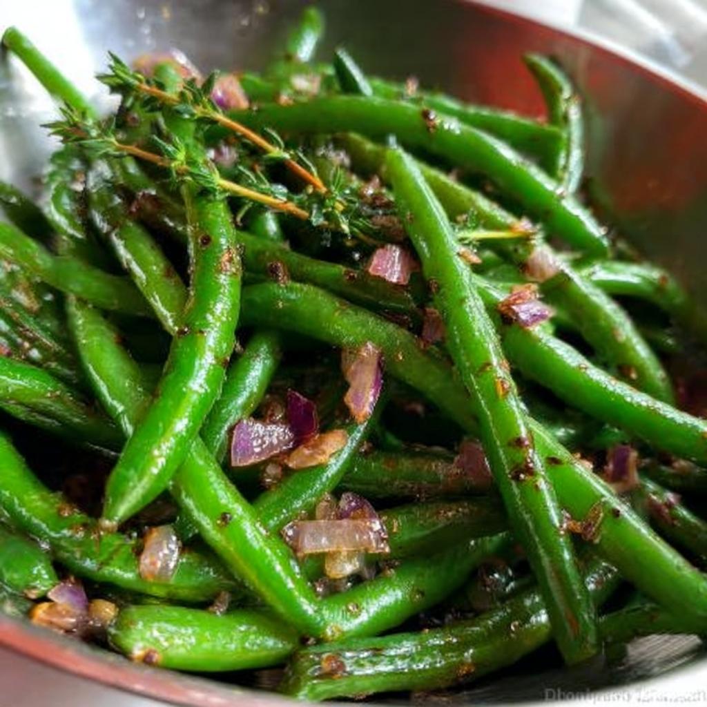 Close-up of vibrant green beans with red onion and thyme, prepared for Restaurant-Style Thanksgiving Green Beans at Home.