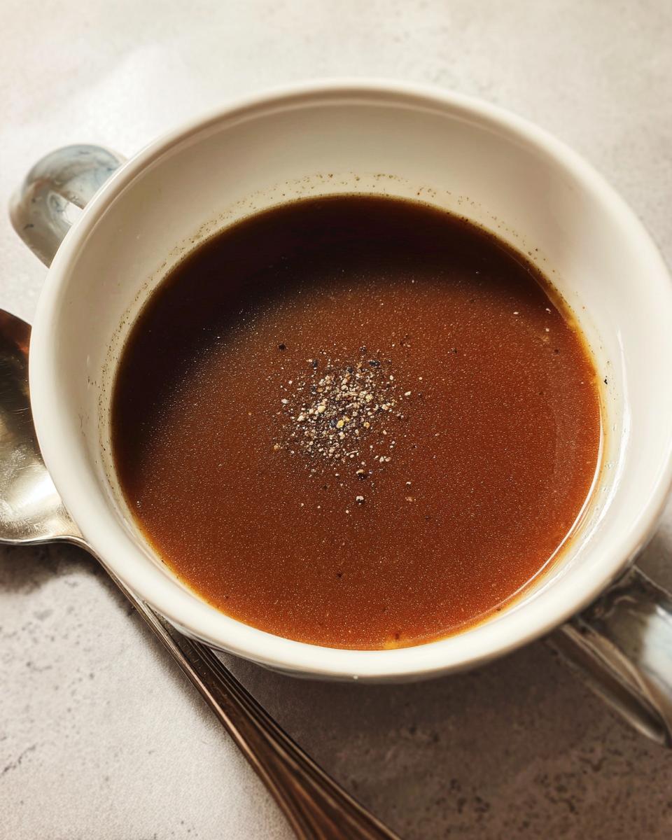 Close-up of rich brown au jus liquid topped with cracked pepper, made from Homemade Dry Au Jus Seasoning Mix.
