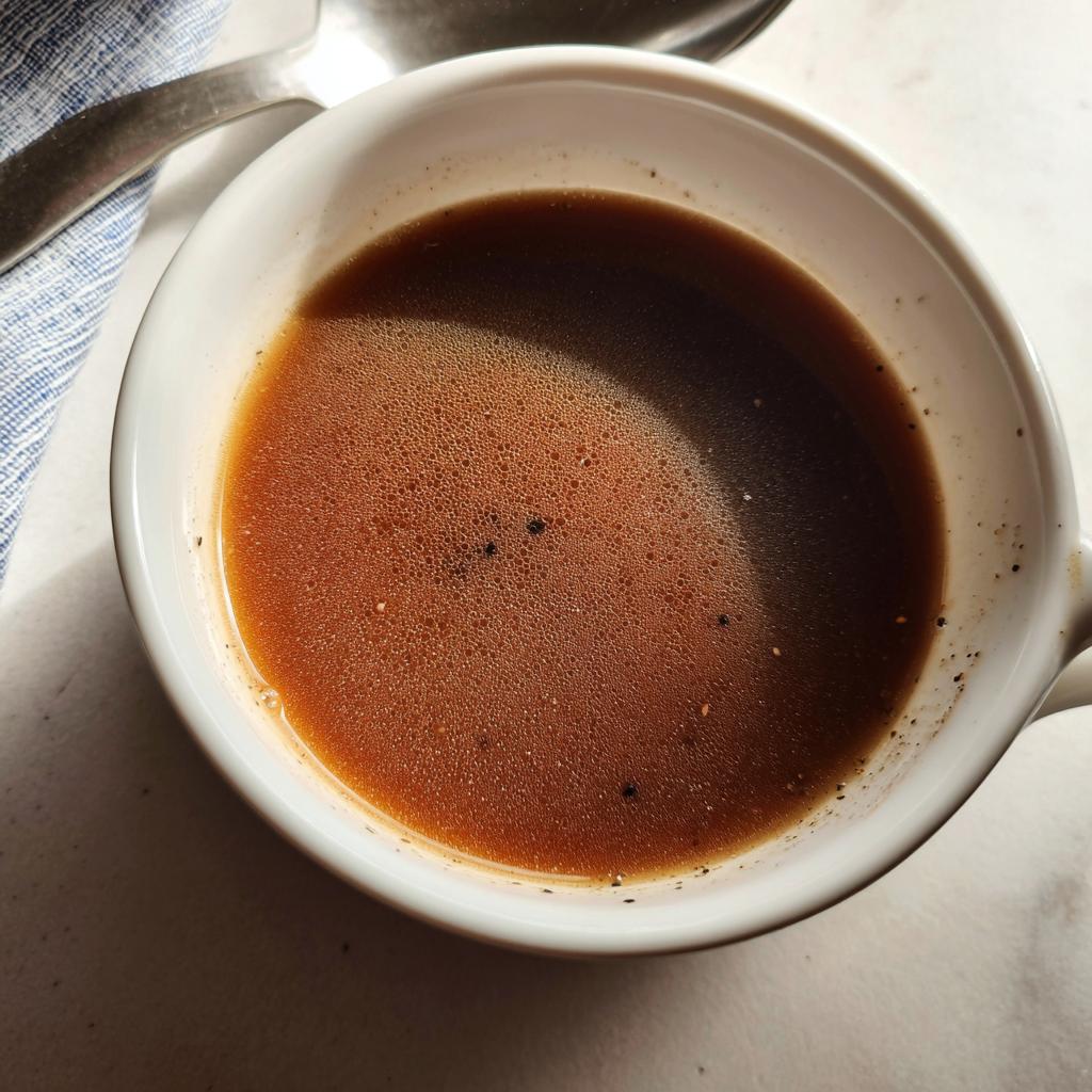 Close-up of rich brown liquid au jus in a white mug, seasoned with pepper, made from Homemade Dry Au Jus Seasoning Mix.