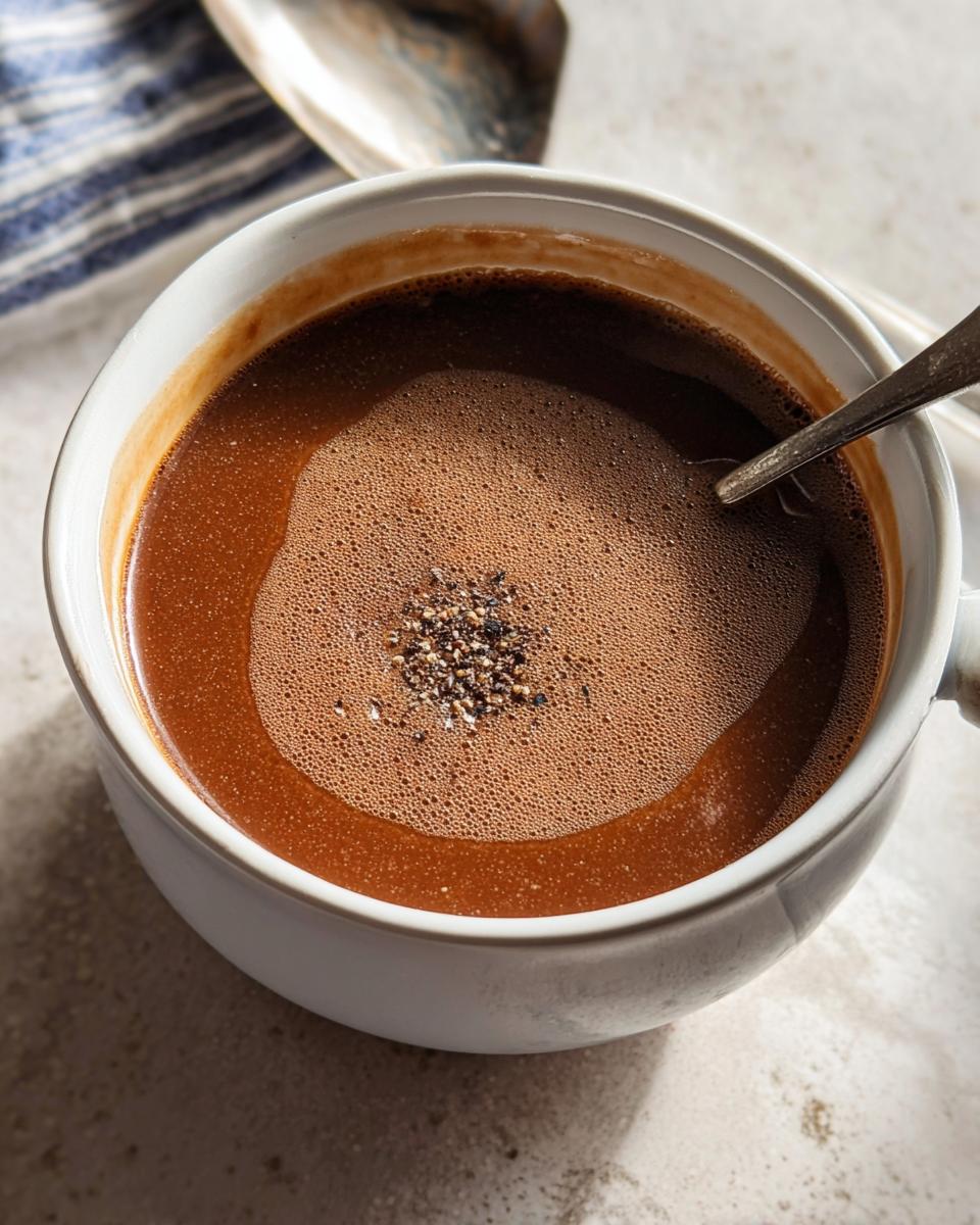Close-up of rich brown au jus liquid in a white mug, topped with cracked pepper, made from Homemade Dry Au Jus Seasoning Mix.