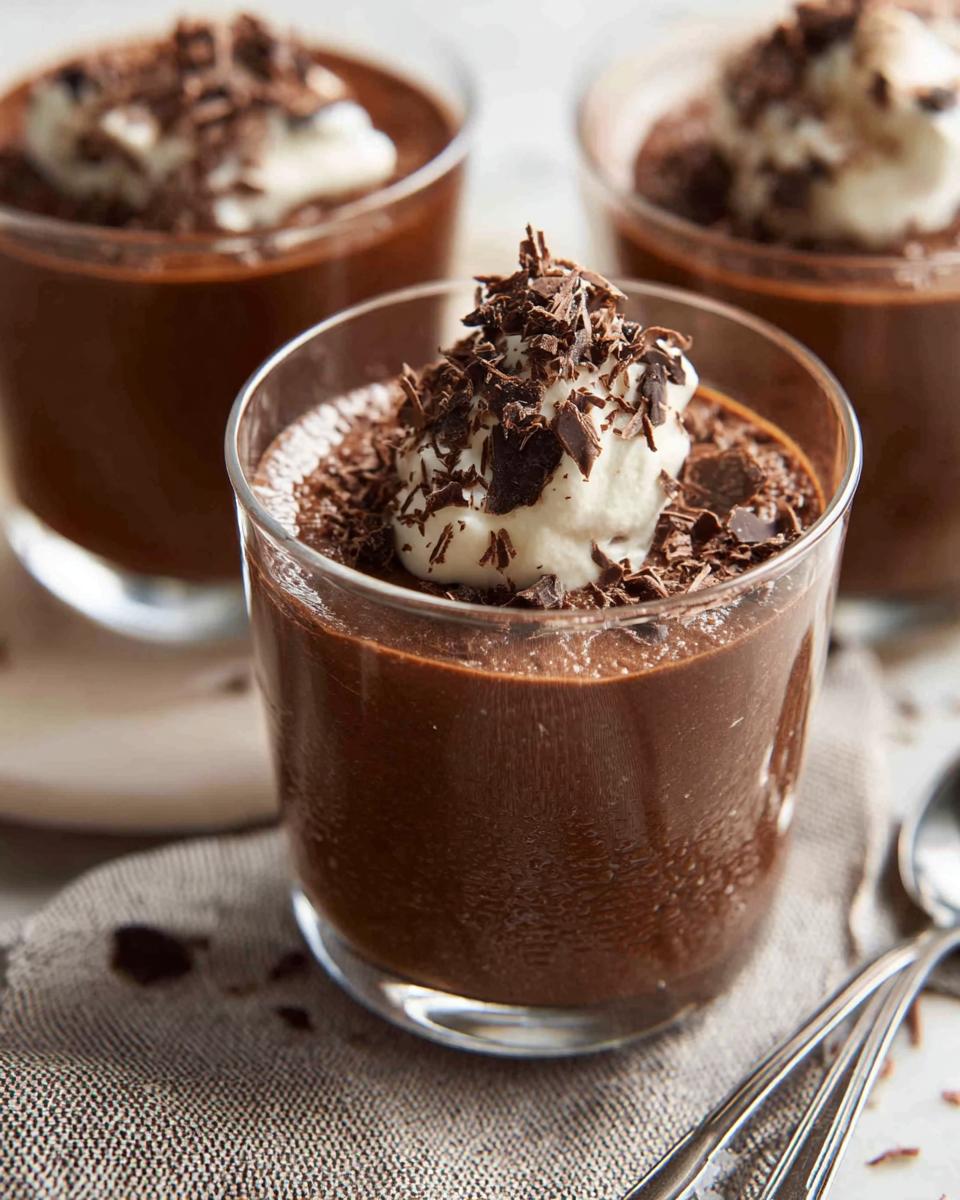 Close-up of a glass filled with rich Chocolate Mousse, topped with whipped cream and chocolate shavings.