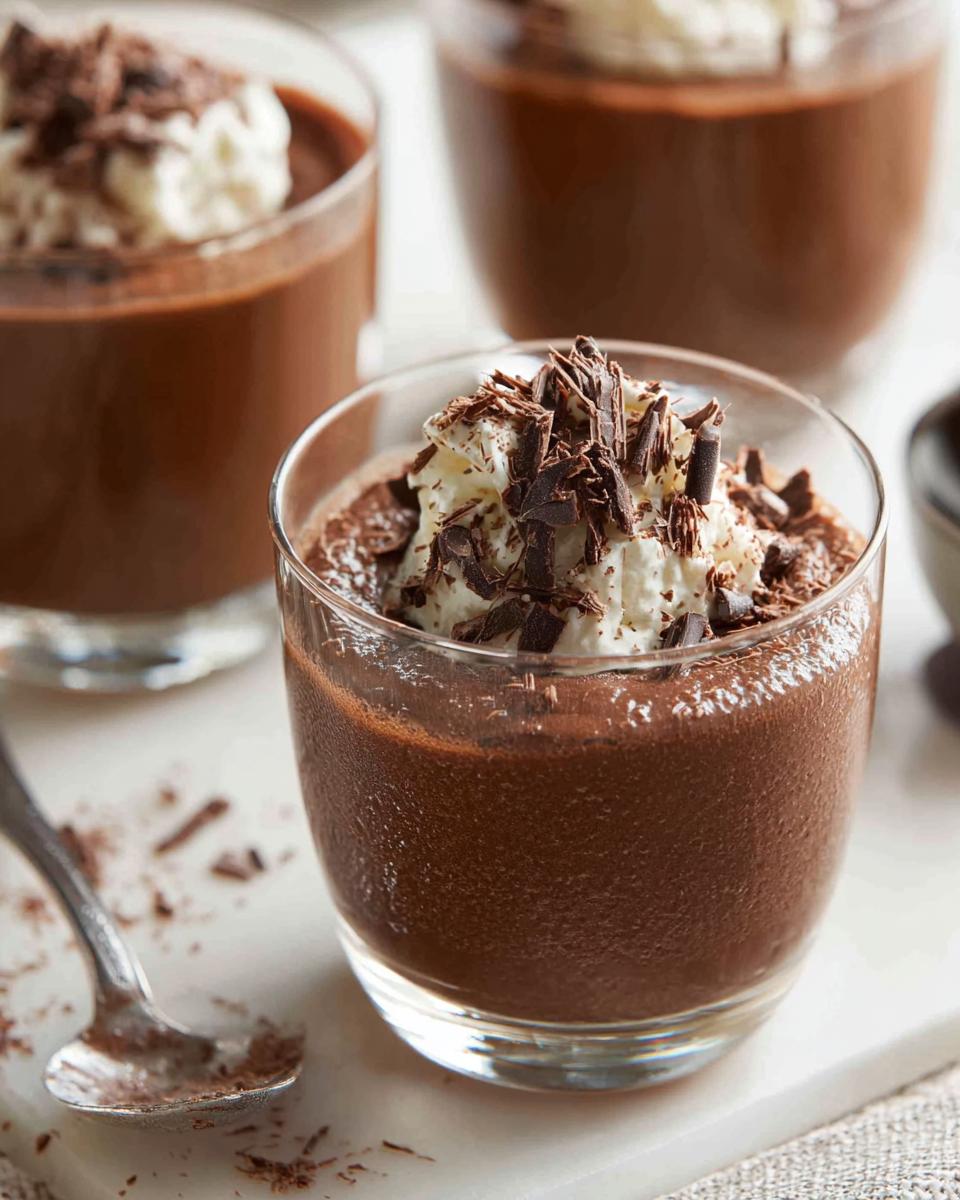 Close-up of rich Chocolate Mousse served in small glasses, topped with whipped cream and chocolate shavings.