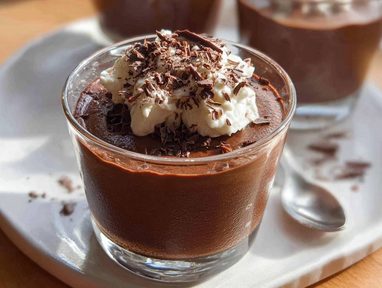 Close-up of a glass filled with rich Chocolate Mousse, topped with whipped cream and chocolate shavings.