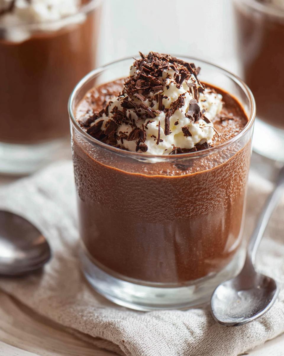 Close-up of a decadent Chocolate Mousse served in a clear glass, topped with whipped cream and chocolate shavings.