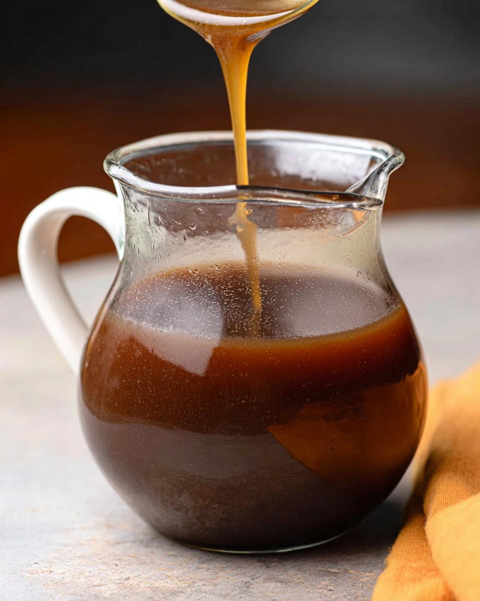A close-up of thick, dark brown, rich and flavorful beef au jus being poured into a small glass pitcher.