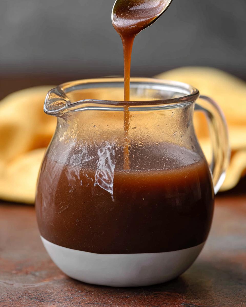 A spoonful of rich and flavorful beef au jus recipe being poured into a small glass pitcher.