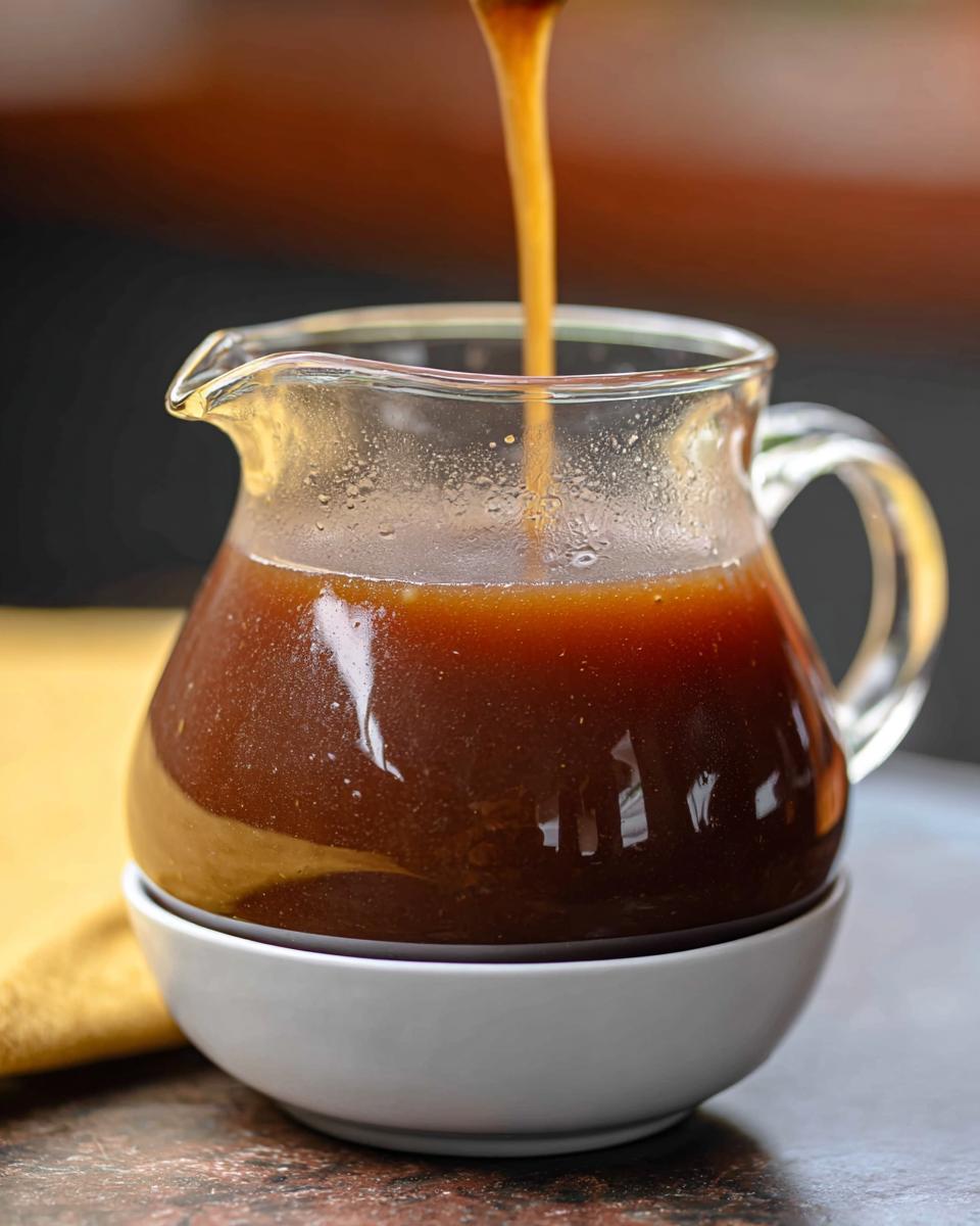 A stream of rich and flavorful beef au jus recipe liquid is being poured into a clear glass pitcher.