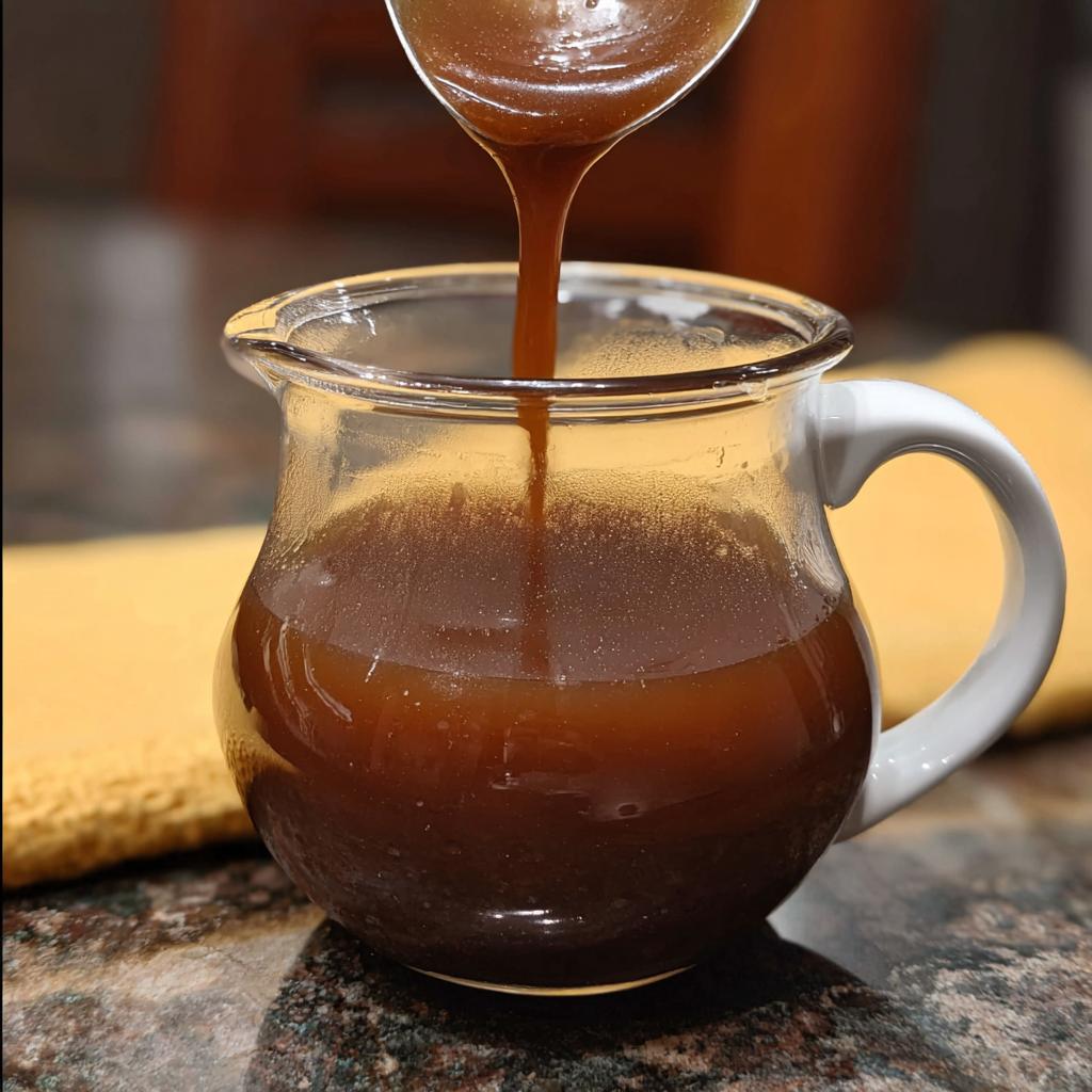 Close-up of rich and flavorful beef au jus recipe being poured from a spoon into a small glass pitcher.