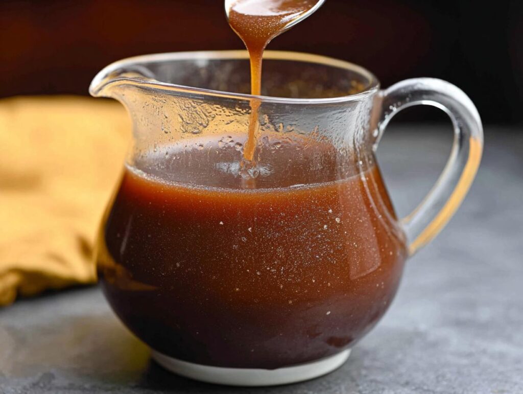 A close-up of rich and flavorful beef au jus recipe being poured from a spoon into a small glass pitcher.