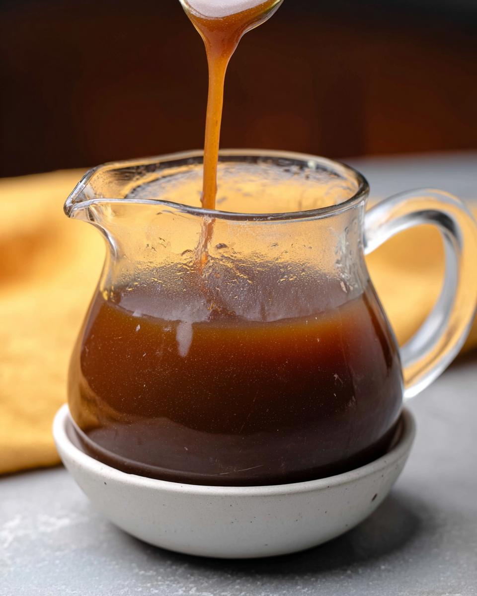 A stream of rich and flavorful beef au jus recipe being poured from a spoon into a small glass pitcher.
