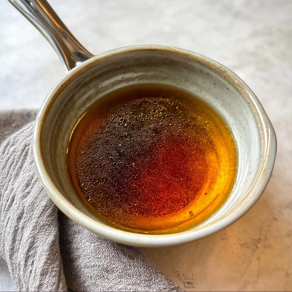 Close-up of rich, dark brown liquid, likely au jus, in a small ceramic saucepan.