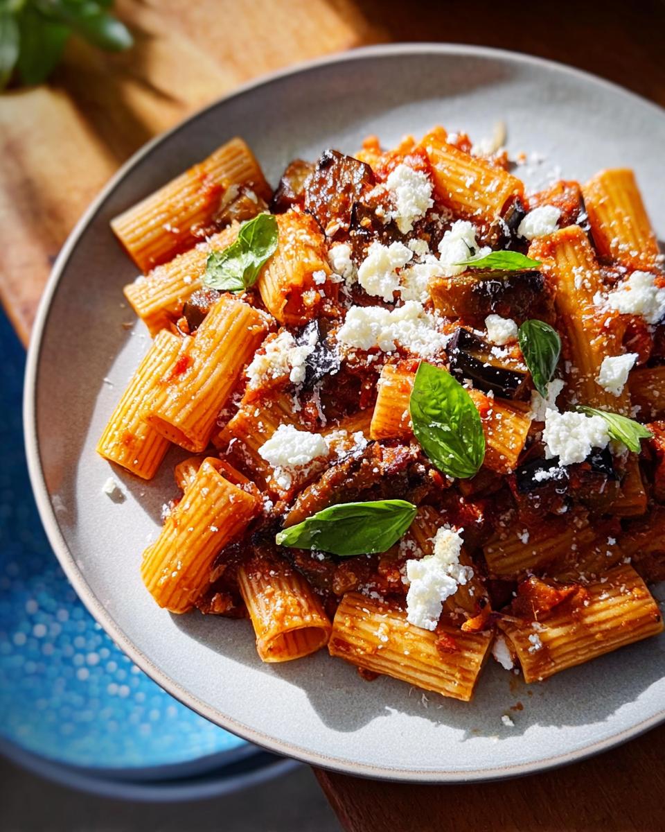 A close-up of rigatoni pasta with a rich tomato sauce, tender eggplant, crumbled feta cheese, and fresh basil leaves, perfect for pasta recipes for busy weeknights.