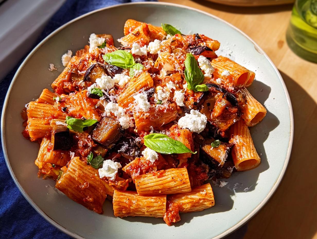 A plate of rigatoni pasta with chunks of eggplant, tomato sauce, ricotta cheese, and fresh basil, perfect for busy weeknight pasta recipes.