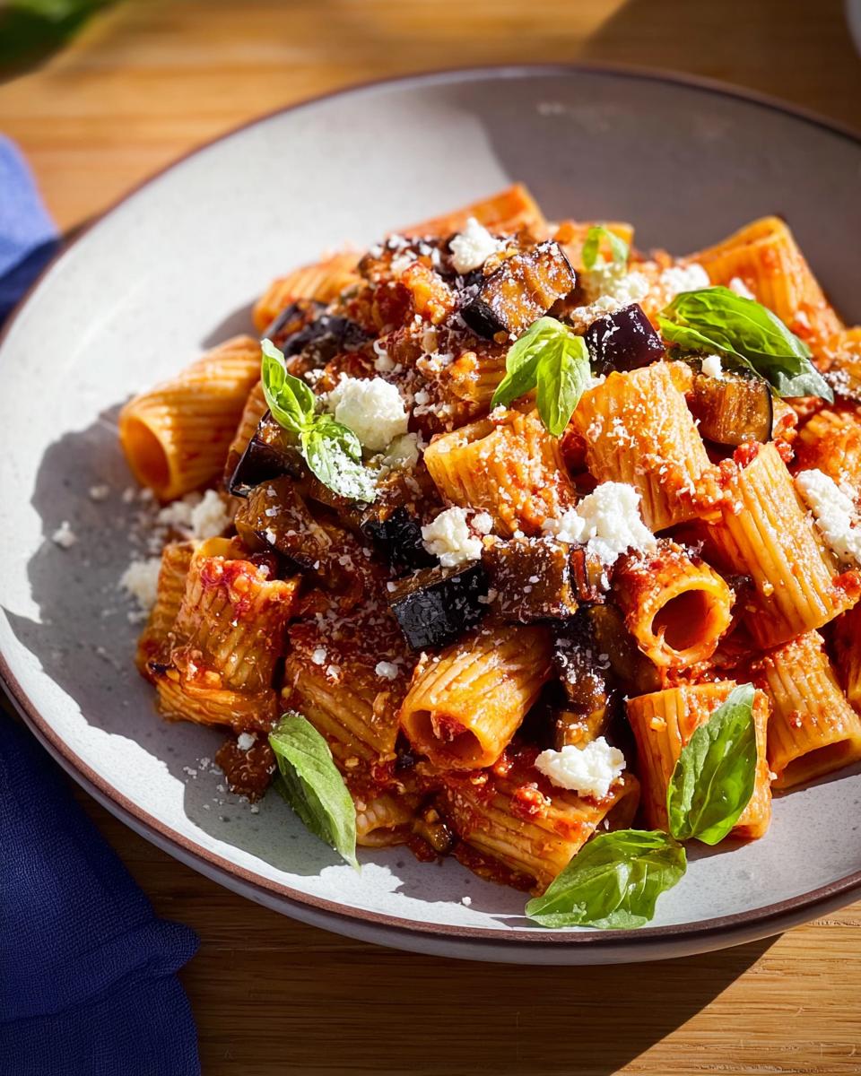 A close-up of rigatoni pasta with a rich tomato sauce, roasted eggplant, feta cheese, and fresh basil. Perfect for Pasta Recipes for Busy Weeknights.