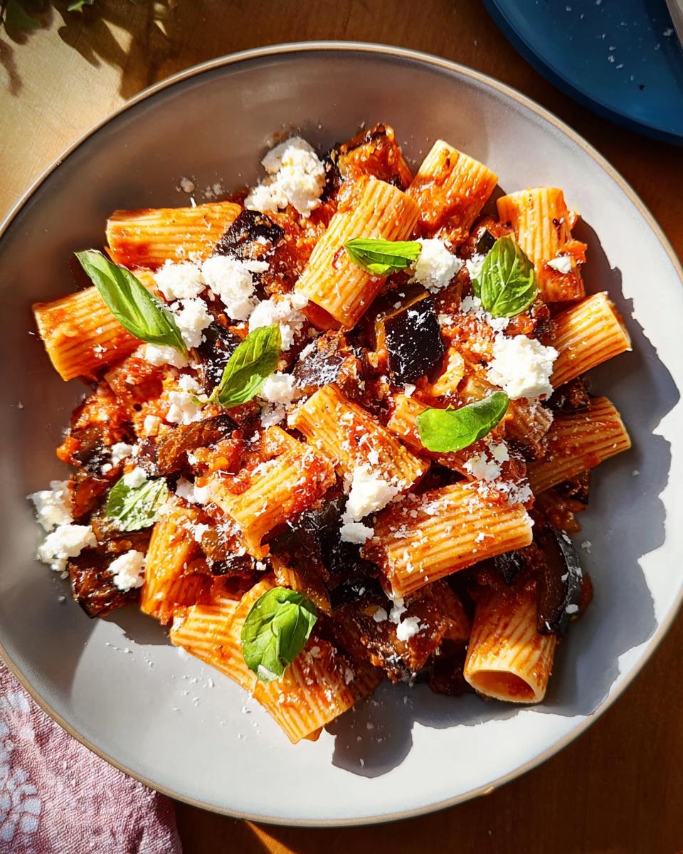 A close-up of rigatoni pasta with a rich tomato and eggplant sauce, topped with crumbled ricotta cheese and fresh basil leaves. Part of Pasta Recipes for Busy Weeknights.