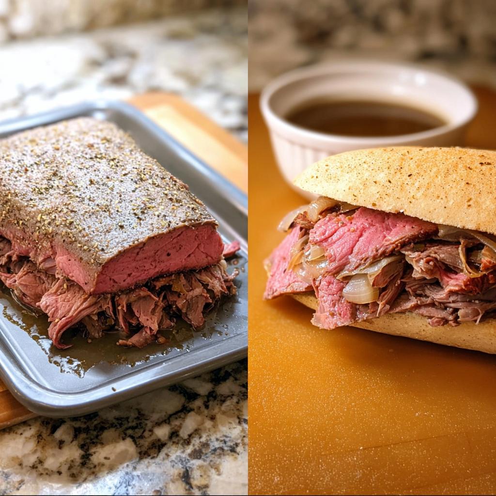 Split image showing seasoned roast beef on a tray and a French dip sandwich ready for dipping in delicious Au Jus.