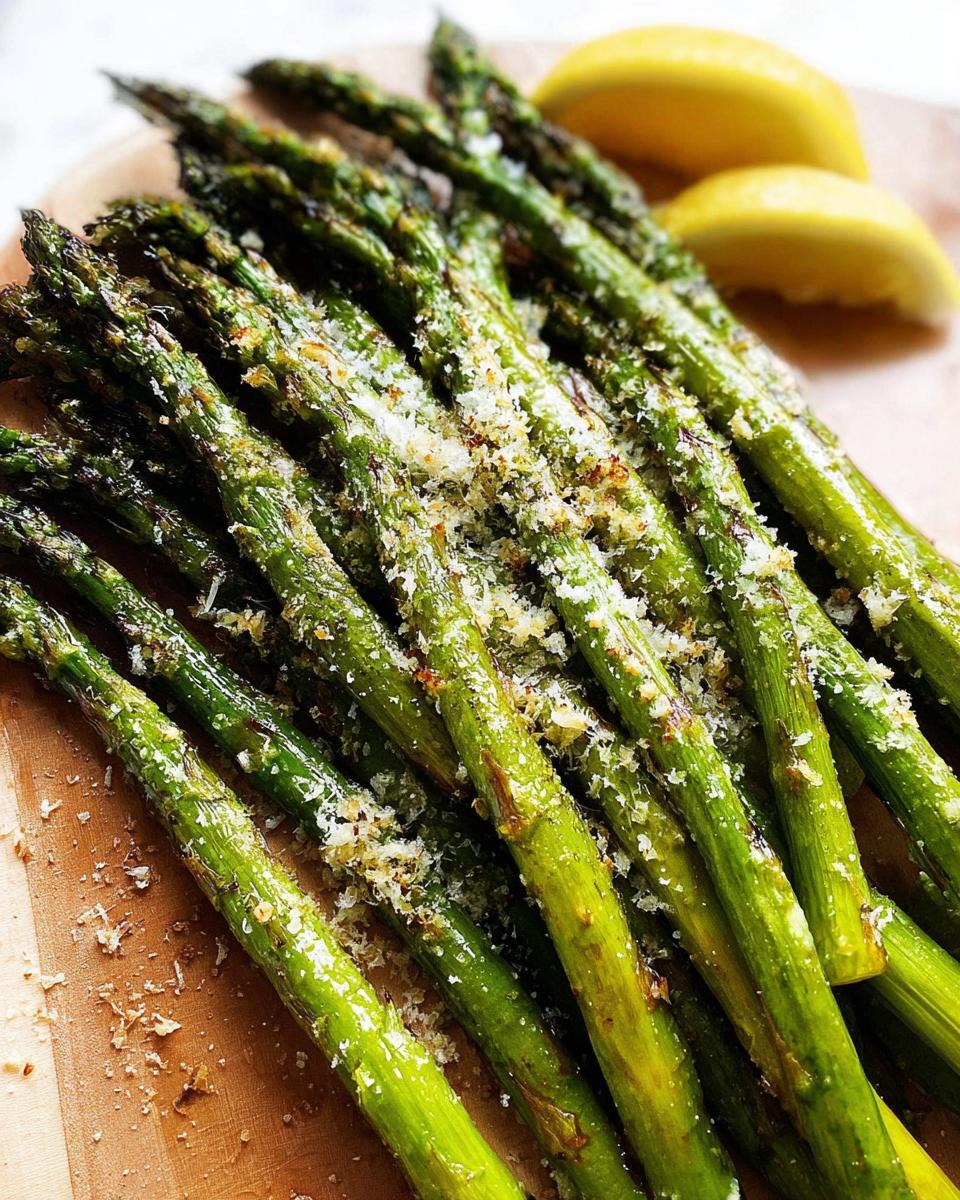 Close-up of bright green Roasted Asparagus with Parmesan cheese sprinkled on top, served with lemon wedges.