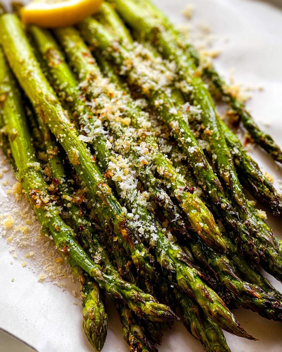 Close-up of bright green Roasted Asparagus with Parmesan sprinkled over the top, with a lemon wedge visible.