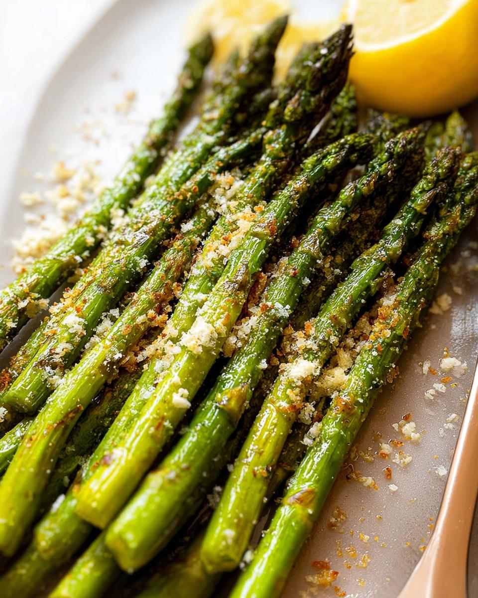 Close-up of bright green Roasted Asparagus with Parmesan cheese sprinkled on top, served with a lemon wedge.