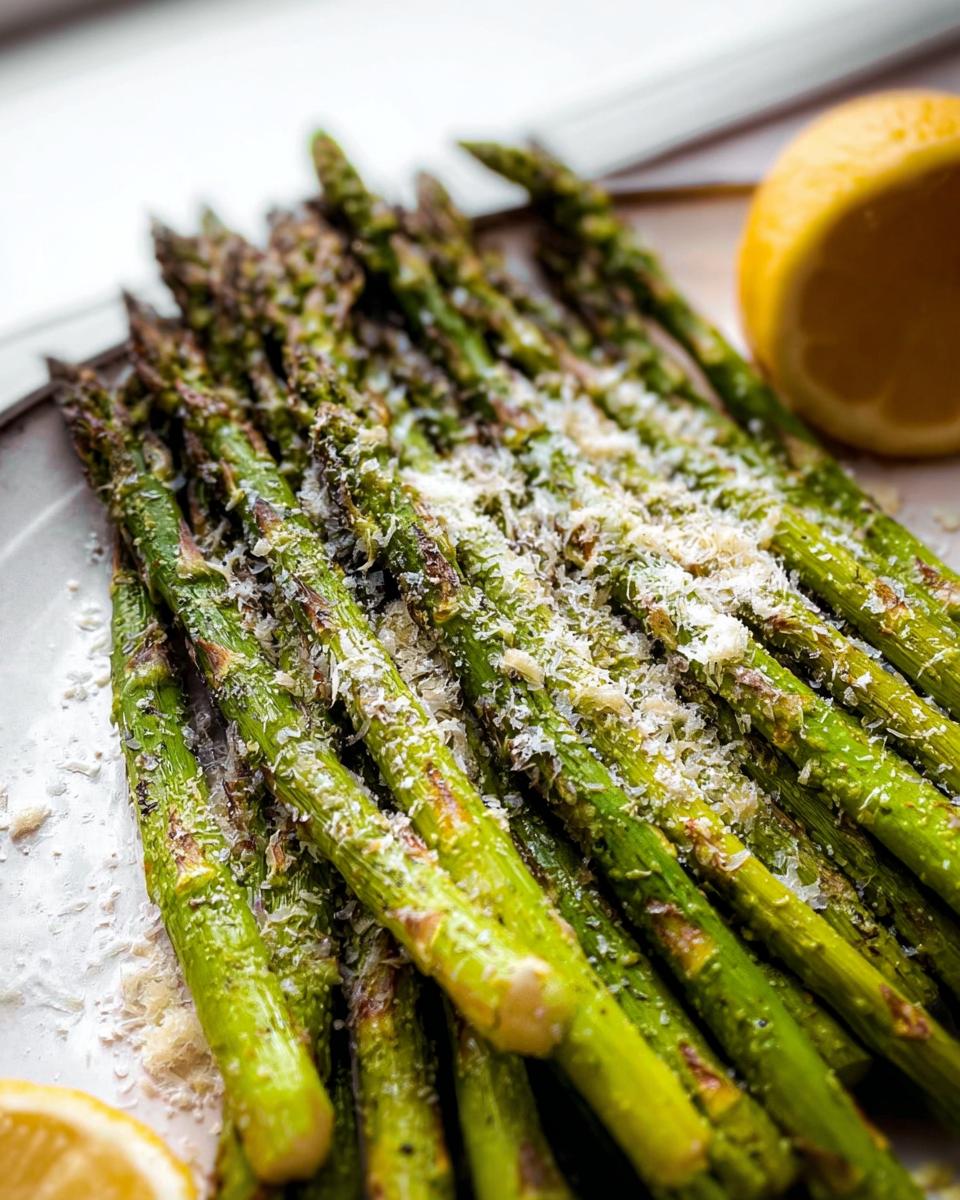 A close-up of perfectly Roasted Asparagus with Parmesan cheese sprinkled generously over bright green spears.
