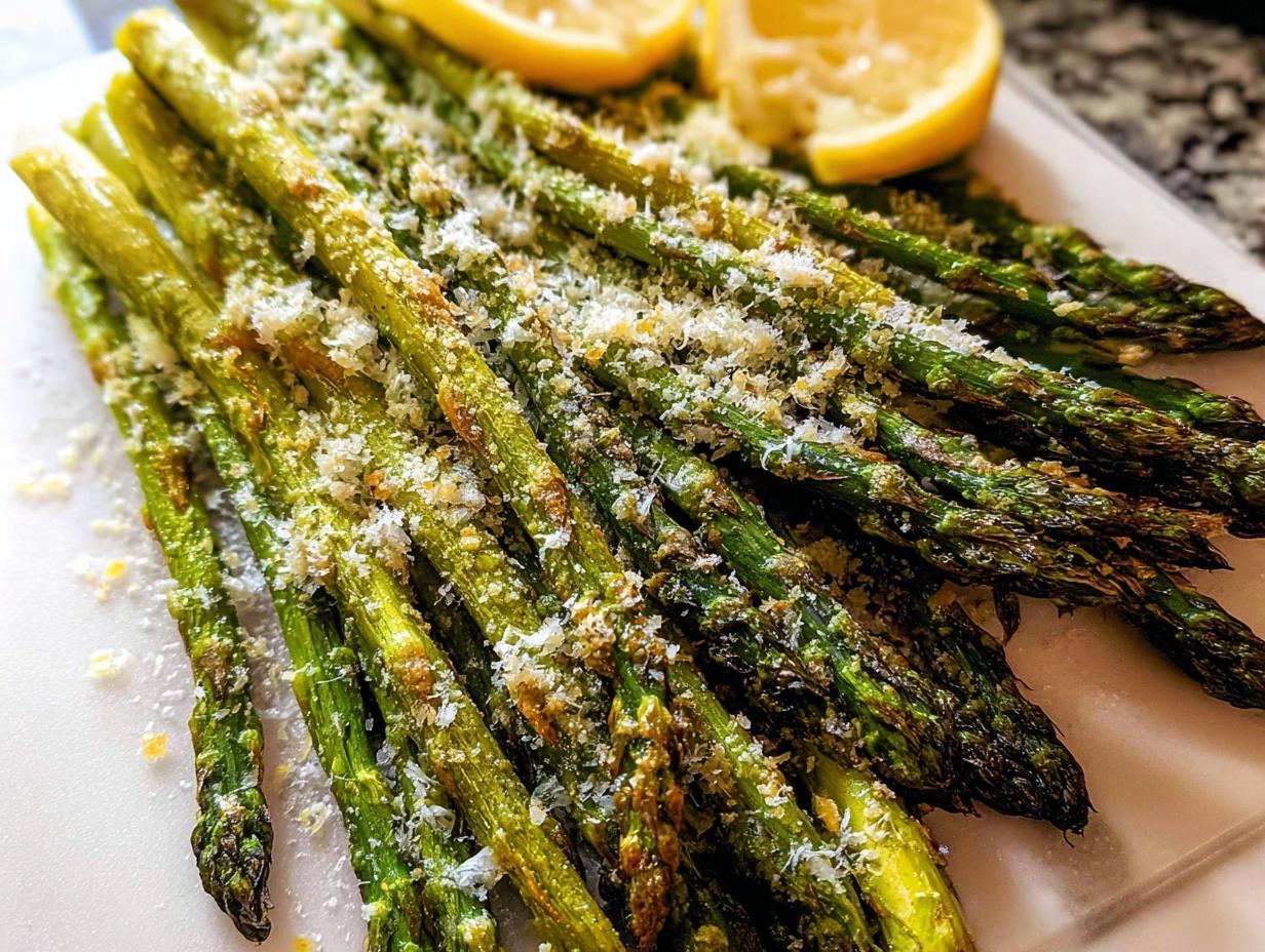 A close-up of perfectly Roasted Asparagus with Parmesan cheese sprinkled over bright green spears, garnished with lemon wedges.