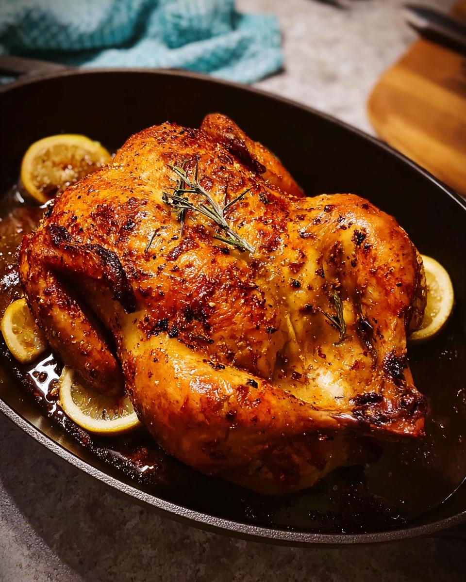 A perfectly roasted whole chicken with crispy golden skin, garnished with rosemary and lemon slices, part of 5-Ingredient Dinner Recipes.