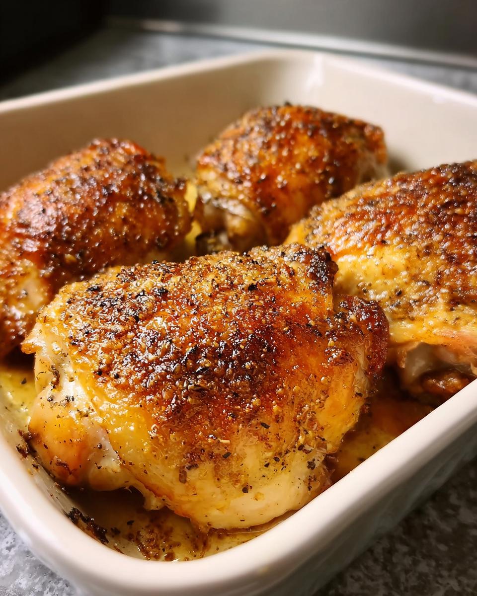 Four perfectly roasted chicken thighs with crispy skin, seasoned with herbs and spices, in a white baking dish.
