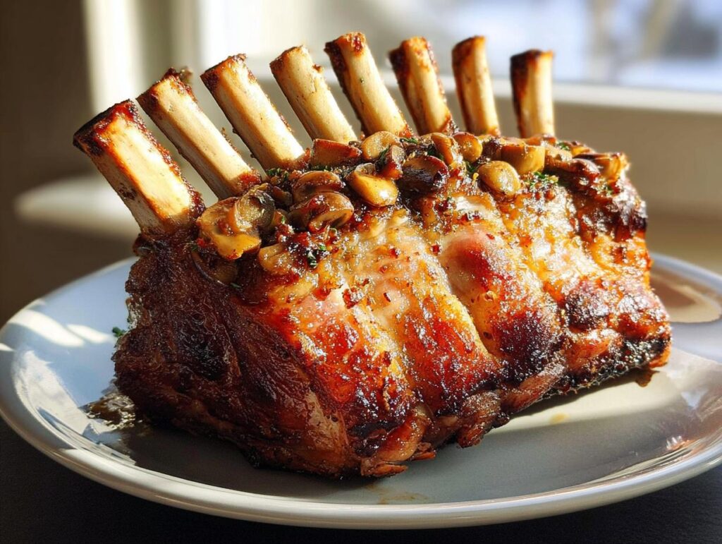 A beautifully roasted rack of pork with visible bones, topped with sautéed mushrooms, presented as a main dish in one of the Ultimate Dinner Recipes.