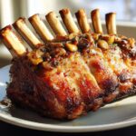 A beautifully roasted rack of pork with visible bones, topped with sautéed mushrooms, presented as a main dish in one of the Ultimate Dinner Recipes.