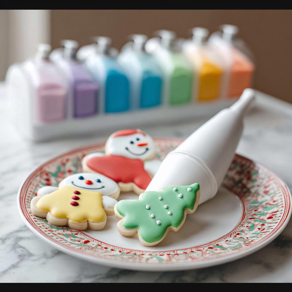 Christmas cookies decorated with glossy Royal Icing for Decorated Cookies on a plate, next to a piping bottle.