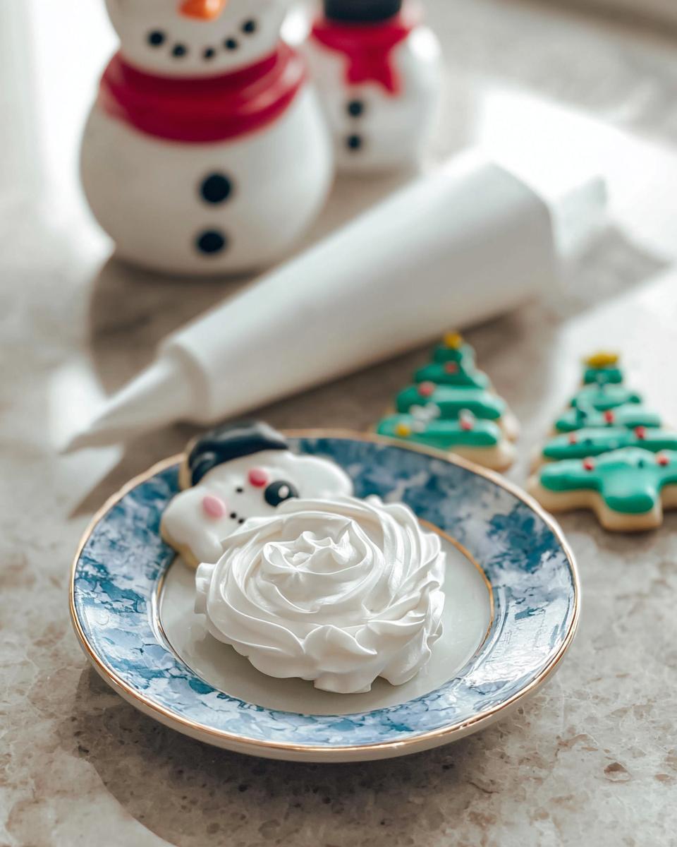 A dollop of thick, glossy white Royal Icing for Decorated Cookies piped into a rosette next to a snowman cookie.