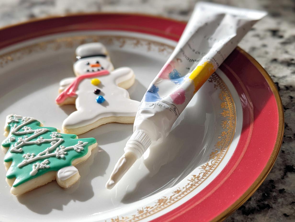A tube of white icing being used next to decorated Christmas cookies, illustrating Royal Icing for Decorated Cookies.