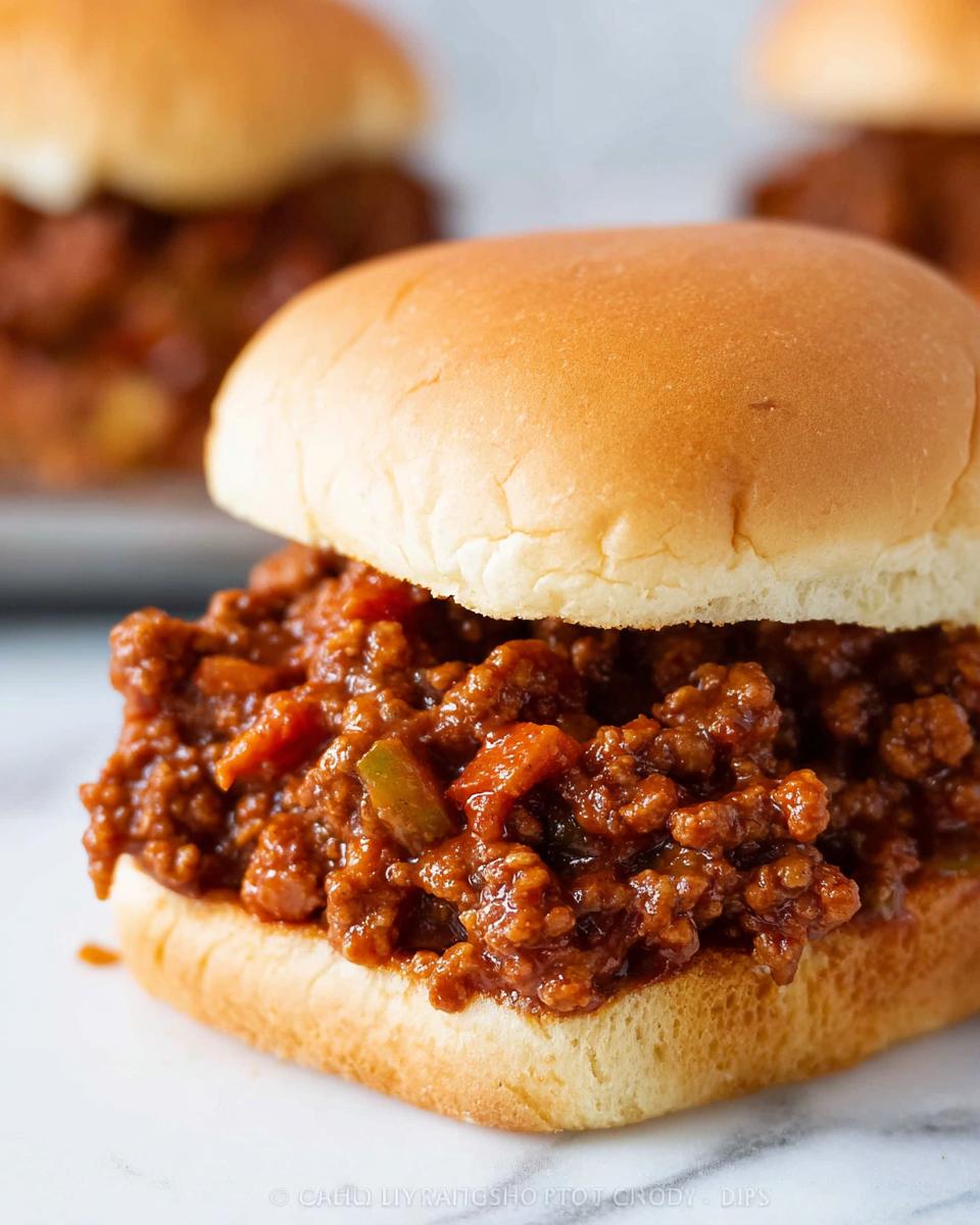 A close-up of one serving of saucy Sloppy Joes piled high on a soft white bun, ready to eat.