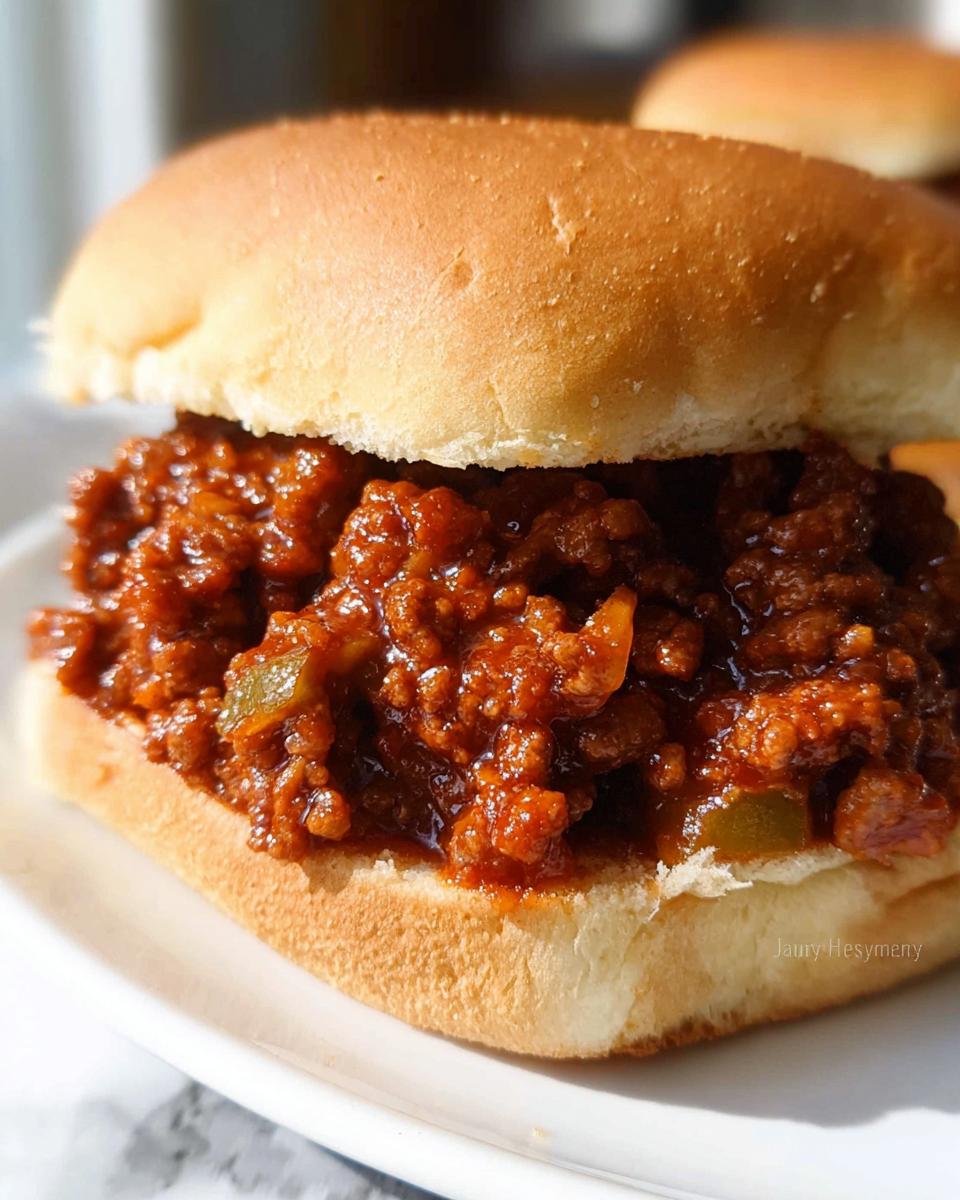 A close-up view of a juicy, saucy Sloppy Joes filling generously piled onto a soft hamburger bun.