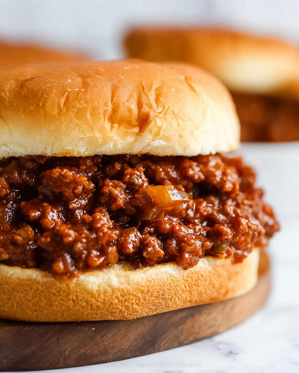 A close-up shot of a delicious, saucy Sloppy Joes filling piled high on a soft hamburger bun.
