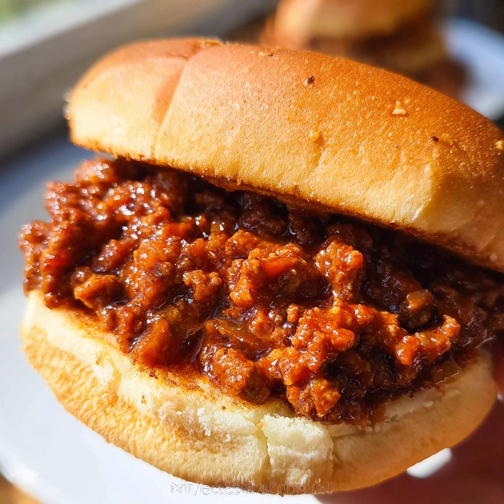 A close-up shot of a perfectly assembled Sloppy Joes sandwich, featuring a rich, saucy meat filling on a soft, toasted bun.