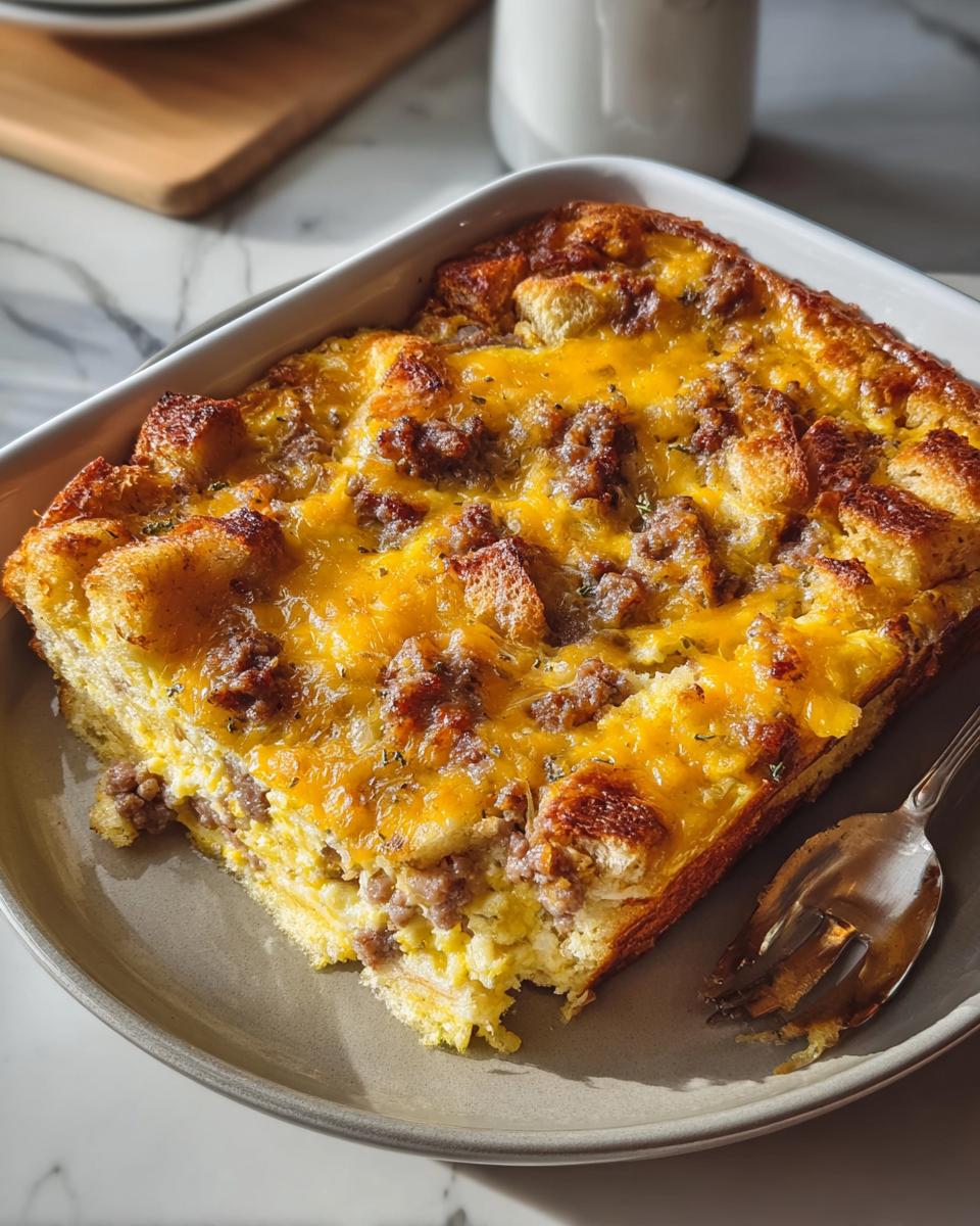 A hearty slice of Sausage Egg Breakfast Casserole topped with melted cheddar cheese and crumbled sausage.