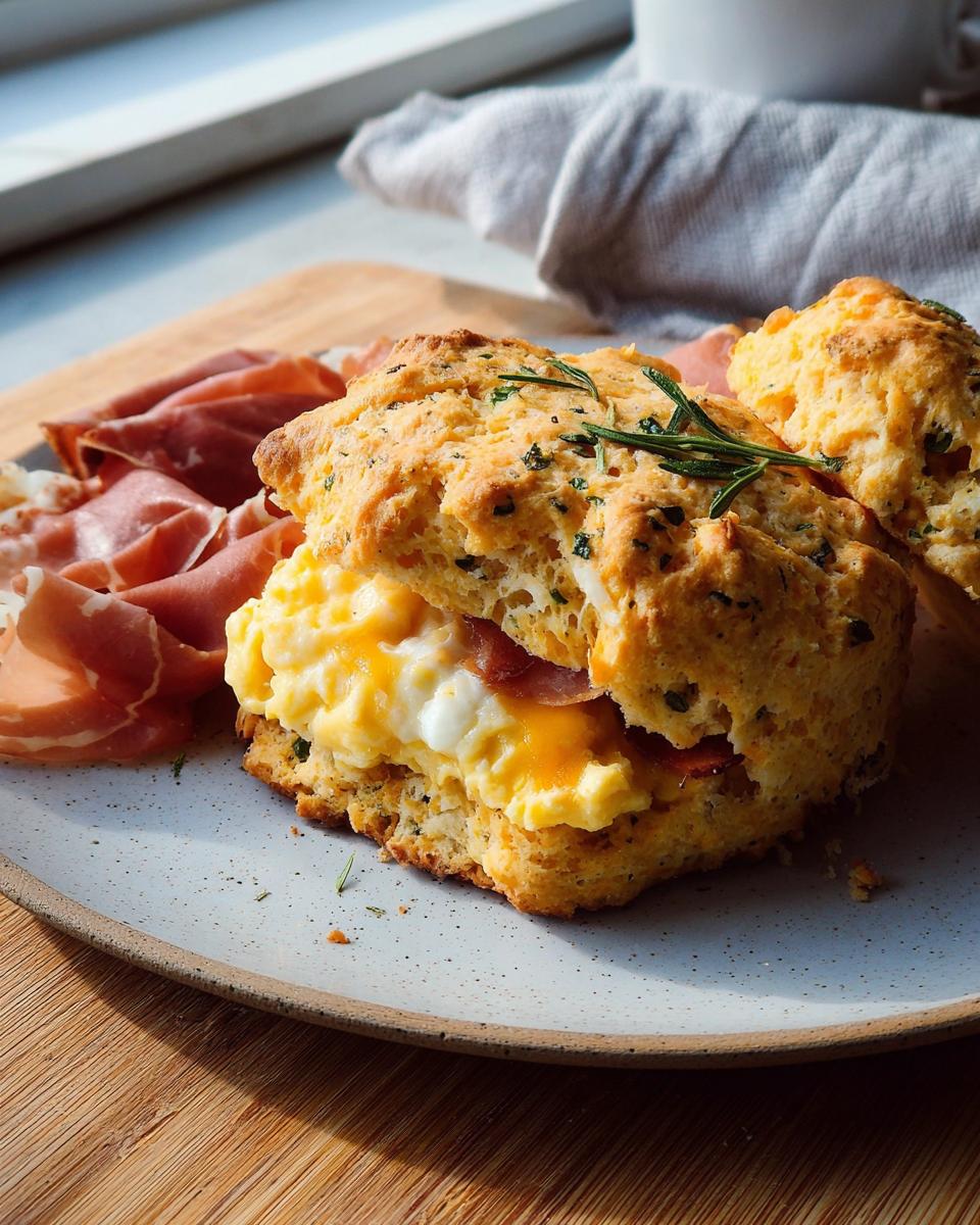 A close-up of a savory biscuit breakfast sandwich filled with scrambled eggs, cheese, and ham, part of our Breakfast Ideas Recipe.
